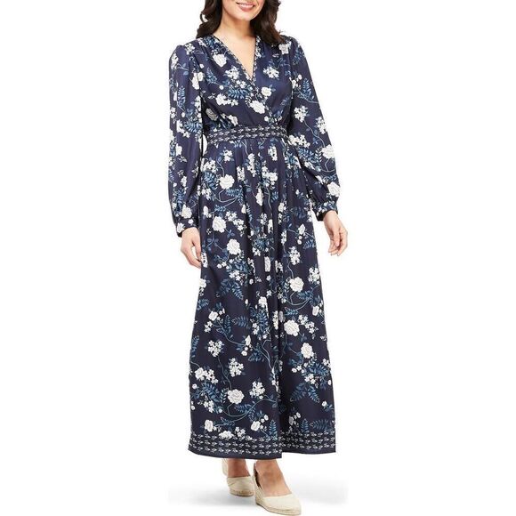 Gal Meets Glam Jade Floral Long Sleeve Maxi Dress Blue Size 6 - Picture 1 of 9